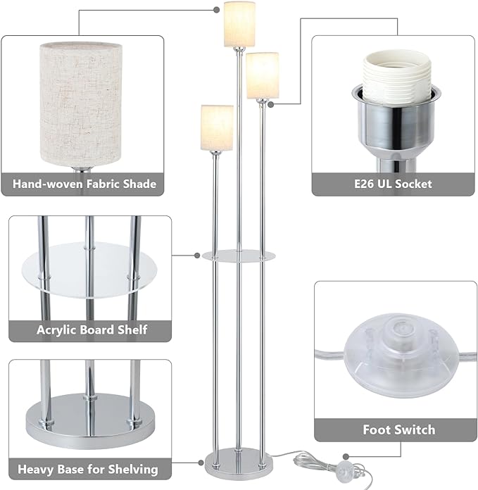 Floor Lamps for Living Room, 3-Lights Modern Floor Lamp with Shelves, Chrome Standing Lamp with Fabric Shade and Foot Switch, Shelf Standing Lamps with Table, Tall Lamps for Bedroom Office - LeafyLoom