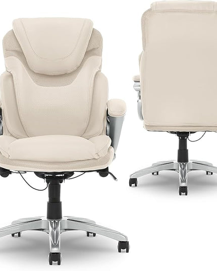 Serta Bryce Executive Office Chair, Ergonomic Computer DeskChair with Patented AIR Lumbar Technology, Comfortable Layered Body Pillows for Cushioning, SertaQuality Foam, Bonded Leather, Cream White - LeafyLoom