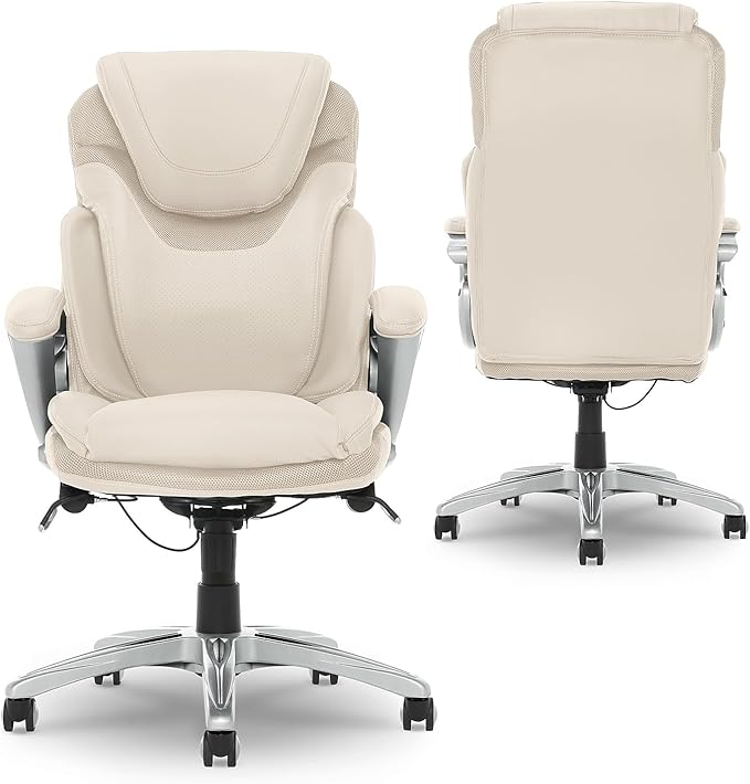 Serta Bryce Executive Office Chair, Ergonomic Computer DeskChair with Patented AIR Lumbar Technology, Comfortable Layered Body Pillows for Cushioning, SertaQuality Foam, Bonded Leather, Cream White - LeafyLoom