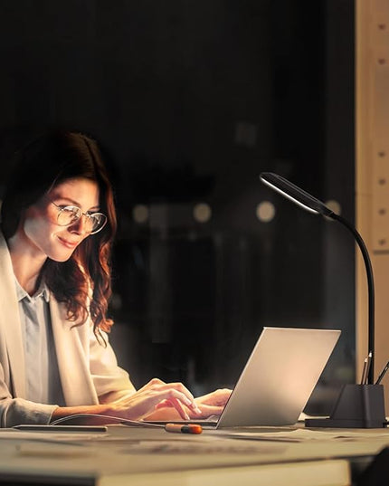 AXX LED Desk Lamp for Home Office, Small Desk Light for Bedrooms, Black Office Lamp for Small Spaces, USB Charging Port, 650LM, Gooseneck, Pen Holder, Study Lamps for College Dorm Room - LeafyLoom
