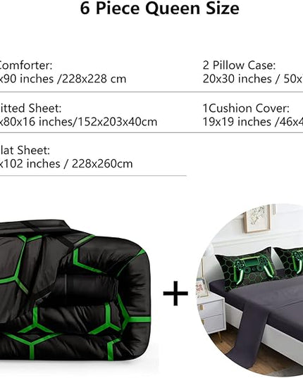6 Pieces Gaming Bedding Set for Boys Gamer Comforter Set Queen Size,Video Game Comforter for Kids Adult 3D Gaming Geometric Microfiber Bedding Sets 6 Pieces Bed in A Bag Sets H50021,Queen - LeafyLoom