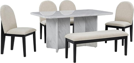 6-Piece Modern Style Dining Faux Marble Table and 4 Upholstered Chairs & 1 Bench, Restaurant Set for Kitchen, Home Bar, Diningroom, Living Room Furniture, Beige+White - LeafyLoom
