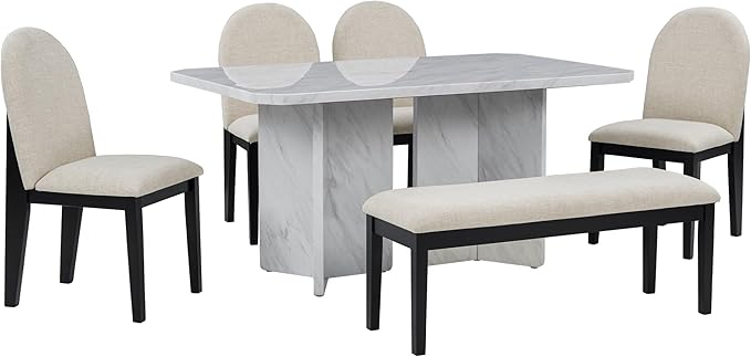 6-Piece Modern Style Dining Faux Marble Table and 4 Upholstered Chairs & 1 Bench, Restaurant Set for Kitchen, Home Bar, Diningroom, Living Room Furniture, Beige+White - LeafyLoom