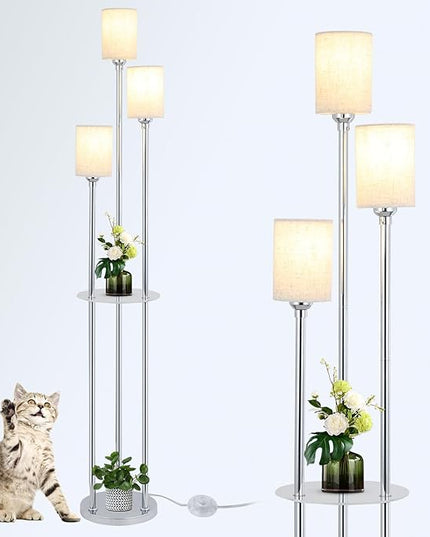 Floor Lamps for Living Room, 3-Lights Modern Floor Lamp with Shelves, Chrome Standing Lamp with Fabric Shade and Foot Switch, Shelf Standing Lamps with Table, Tall Lamps for Bedroom Office - LeafyLoom