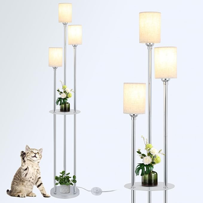 Floor Lamps for Living Room, 3-Lights Modern Floor Lamp with Shelves, Chrome Standing Lamp with Fabric Shade and Foot Switch, Shelf Standing Lamps with Table, Tall Lamps for Bedroom Office - LeafyLoom