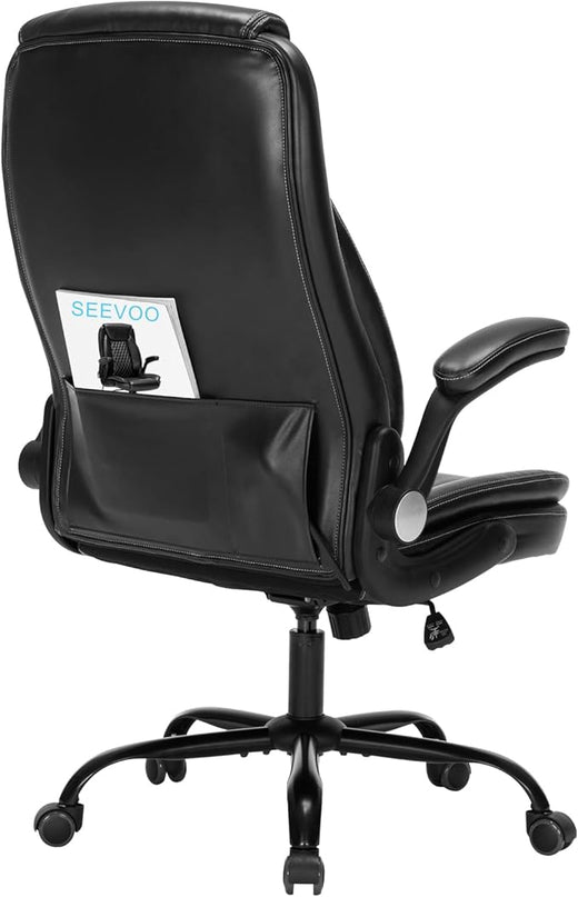 Office Chair Desk Chair High Back Computer Chair - Adjustable Lumbar Support with Flip-Up Arms PU Leather Chair with Spring Cushion - LeafyLoom
