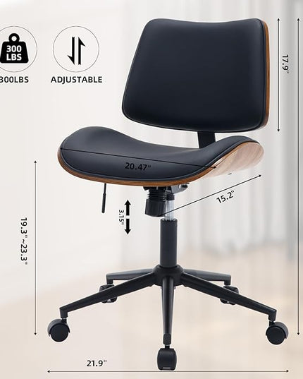 Armless Home Office Chair Modern Walnut Chair with Wheels Mid Back Swivel Computer Chair No arm Adjustable Height Leather Desk Chair for Reading,Meeting Room (Pure Black) - LeafyLoom