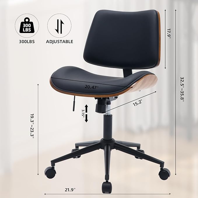 Armless Home Office Chair Modern Walnut Chair with Wheels Mid Back Swivel Computer Chair No arm Adjustable Height Leather Desk Chair for Reading,Meeting Room (Pure Black) - LeafyLoom