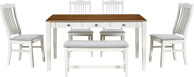 Mid-Century Style 6 Piece Table Drawer, 4 Upholstered Chairs and Bench, Rectangular Solid Wood Set, Easy Assembly & Care, for Dining Room, Kitchen, Grey 38 - LeafyLoom