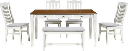 Mid-Century 6-Piece Wood Dining Table Set with Storage Drawer, Upholstered Chairs and Bench, Walnut Tabletop Kitchen Furniture for Living Room, Small Apartments, Butter Milk - LeafyLoom