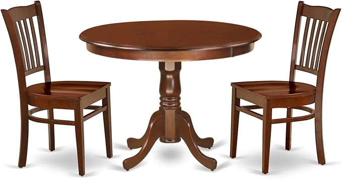 East West Furniture HLGR3-MAH-W 3 Piece Modern Dining Table Set Contains a Round Wooden Table with Pedestal and 2 Kitchen Dining Chairs, 42x42 Inch, Mahogany - LeafyLoom