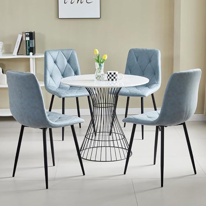 4 Set of Dining Chairs, Metal Frame Dining Chair for Kitchen Room,Technology Cloth Seat Chair for Living Room, Bedroom(Light Blue) - LeafyLoom