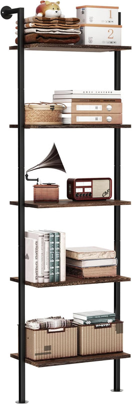 5-Tier Bookshelf Solid Wood Ladder Shelf, Narrow Book shelf Display Shelf, Wooden Ladder Shelf Bookcase, Wall Mount Ladder Shelf, Storage Rack for Living Room, Bedroom, Industrial Style, Dark Brown - LeafyLoom