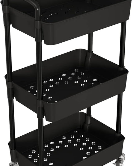 3-Tier Kitchen Storage Cart,Multifunction Utility Rolling Storage Organizer,Mobile Shelving Unit Cart with Lockable Wheels for Bathroom,Laundry,Living Room,With Classified Stickers,Black - LeafyLoom