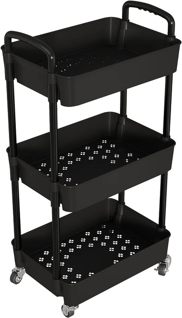 3-Tier Kitchen Storage Cart,Multifunction Utility Rolling Storage Organizer,Mobile Shelving Unit Cart with Lockable Wheels for Bathroom,Laundry,Living Room,With Classified Stickers,Black - LeafyLoom