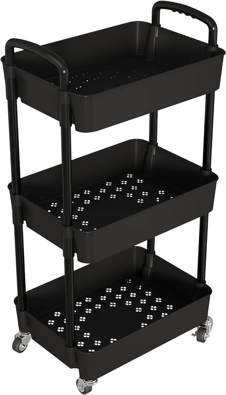 3-Tier Kitchen Storage Cart,Multifunction Utility Rolling Storage Organizer,Mobile Shelving Unit Cart with Lockable Wheels for Bathroom,Laundry,Living Room,With Classified Stickers,Black - LeafyLoom