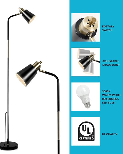 NIOSTA Floor Lamp, Industrial Floor Lamp Height Adjustable 360°Rotation Lampshade Modern Standing Lamp, Floor Lamps for Living Room, Office, Bedroom Reading, Work etc(Black) - LeafyLoom