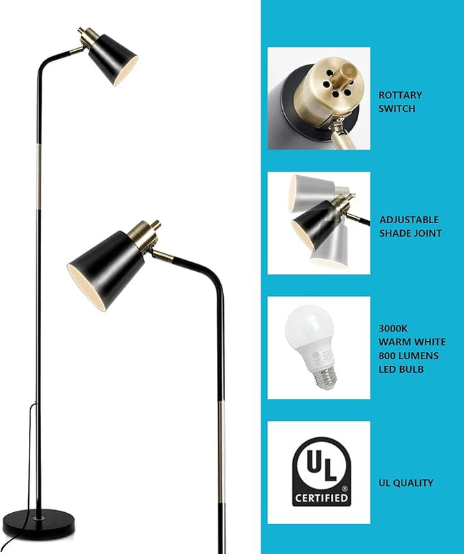 NIOSTA Floor Lamp, Industrial Floor Lamp Height Adjustable 360°Rotation Lampshade Modern Standing Lamp, Floor Lamps for Living Room, Office, Bedroom Reading, Work etc(Black) - LeafyLoom