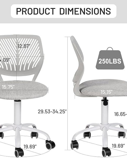 FurnitureR Desk Chair Armless, Study Computer Chair Adjustable Swivel for Student Children Kids, Comfy Cute Home Office Chair Fabric Seating Cushion and Plastic Low-Back with Rolling Wheels, Grey - LeafyLoom