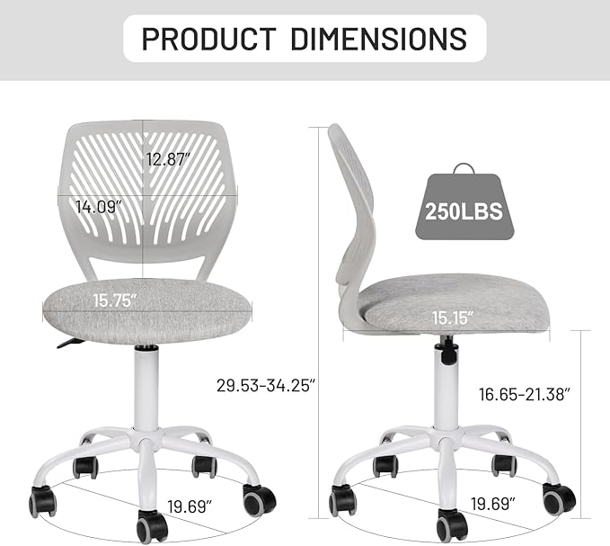 FurnitureR Desk Chair Armless, Study Computer Chair Adjustable Swivel for Student Children Kids, Comfy Cute Home Office Chair Fabric Seating Cushion and Plastic Low-Back with Rolling Wheels, Grey - LeafyLoom