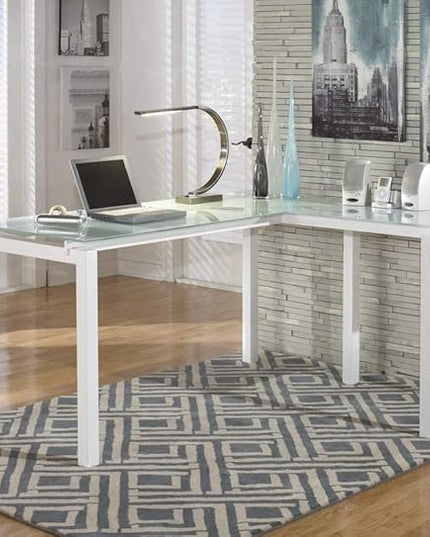 Signature Design by Ashley Baraga Contemporary Glass L-Shaped Home Office Desk, White - LeafyLoom