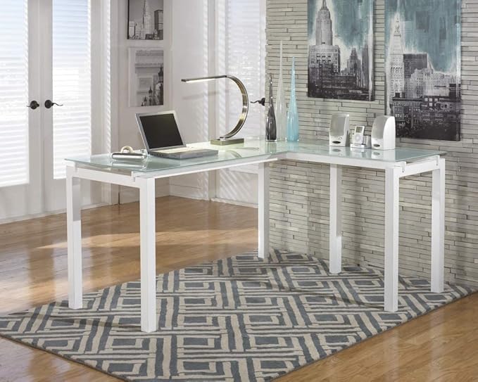Signature Design by Ashley Baraga Contemporary Glass L-Shaped Home Office Desk, White - LeafyLoom