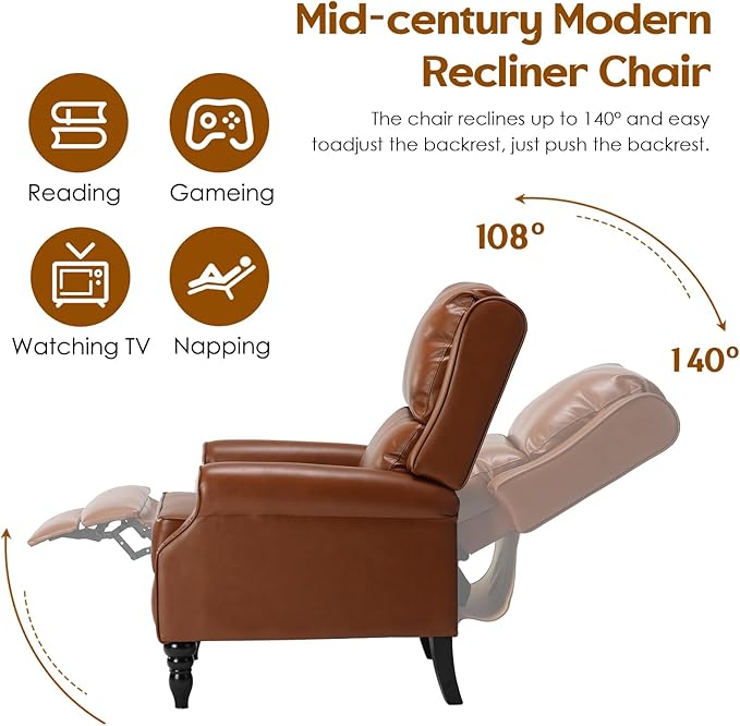 STARY Faux Leather Pushback Recliner Chair for Living Room Bedroom RV, Yellow Brown - LeafyLoom