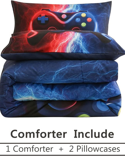 Meeting Story Gamer Gaming Bedding Sets Tie Dye Lightnings Gamepad Comforter Set for Boys Games Console Action Buttons Novelty Colorful Modern Room Decor Home Quilt Set (Queen, Red-Blue) - LeafyLoom