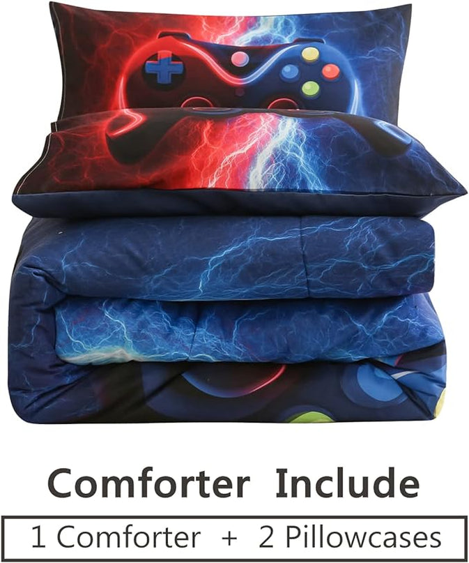 Meeting Story Gamer Gaming Bedding Sets Tie Dye Lightnings Gamepad Comforter Set for Boys Games Console Action Buttons Novelty Colorful Modern Room Decor Home Quilt Set (Queen, Red-Blue) - LeafyLoom