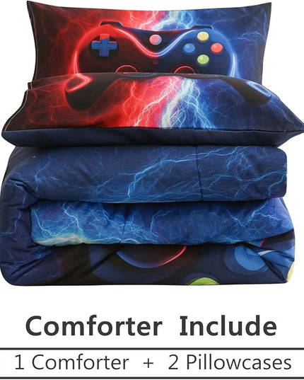 Meeting Story Gamer Gaming Bedding Sets Tie Dye Lightnings Gamepad Comforter Set for Boys Games Console Action Buttons Novelty Colorful Modern Room Decor Home Quilt Set (Twin, Red-Blue) - LeafyLoom