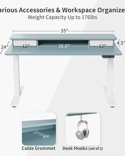 FEZIBO 55 x 24 Inch Height Adjustable Electric Standing Desk with Double Drawer, Stand Up Desk with Storage Shelf, Sit Stand Desk, Blue - LeafyLoom