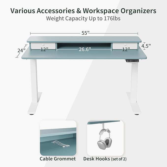 FEZIBO 55 x 24 Inch Height Adjustable Electric Standing Desk with Double Drawer, Stand Up Desk with Storage Shelf, Sit Stand Desk, Blue - LeafyLoom