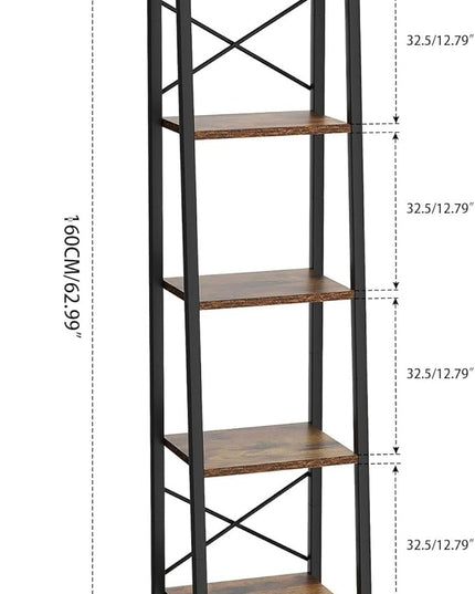YMYNY 5 Tiers Ladder Bookcase, Industrial Narrow Bookshelf, Open Display Rack with 4 S Hooks, Metal Storage Shelves for Bedroom, Home Office, Living Room, Rustic Brown, 63H*13.4L*11.8W, UHBC025H - LeafyLoom
