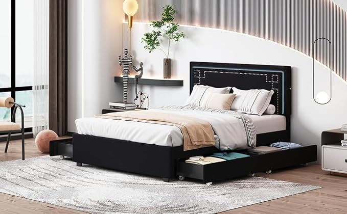 RITSU Queen Size Modern Upholstered Platform Bed with LED Bedframe and 4 Drawers Storable, Rivet-Decorated Headboard, No Box Spring Required, for Living Room, Apartment, Black - LeafyLoom