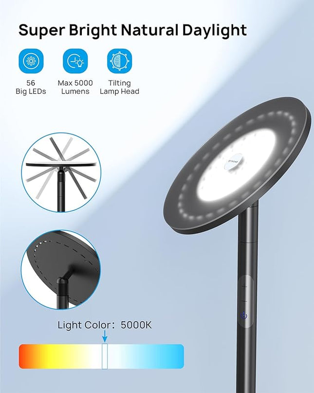 TROND Floor Lamp, Bright Sky LED Modern Torchiere Lamp, 71 in Tall Aluminum Pole Light, 5500K Natural Daylight Standing Lamp, Touch 5-Level Dimmable, 5000 lm, 30 Mins Timer for Living Room Bedroom - LeafyLoom