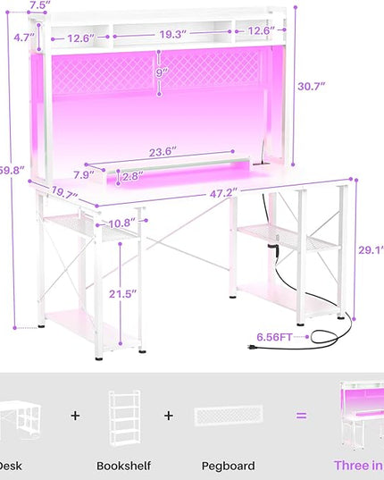 armocity 2024 Upgrade Gaming Desk with Hutch, 48'' Magic Computer Desk with LED Lights and Outlets, Reversible Workstation Desk with Pegboard and Monitor Stand, 48 Gamer Desk PC Table, White - LeafyLoom