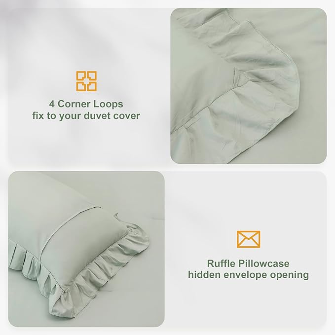 Sage Green Double Ruffle Comforter Set Full Size (79x90 Inch), 3 Pcs Farmhouse Vintage Comforter Set (1 Ruffled Comforter and 2 Pillowcase), Rustic All Season Down Alternative Bedding Set - LeafyLoom