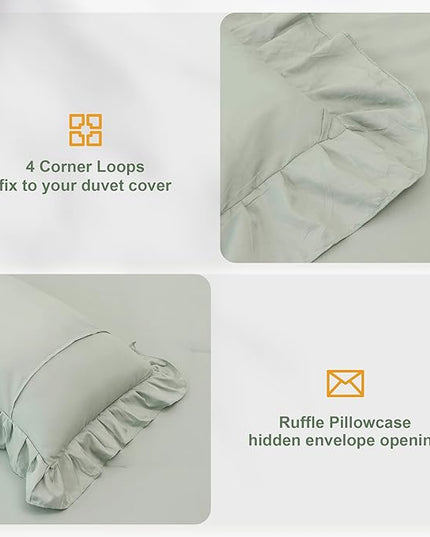 Sage Green Double Ruffle Comforter Set Twin Size (66x90 Inch), 2 Pcs Farmhouse Vintage Comforter Set (1 Ruffled Comforter and 1 Pillowcase), Rustic All Season Down Alternative Bedding Set - LeafyLoom