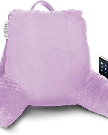 Nestl Reading Pillow with Portable Laptop Lap Desk, Velvet Feel Back Pillow for Sitting in Bed, Shredded Memory Foam Back Support Pillow for Bed, Bed Rest Pillow with Arms, Standard - Lavender - LeafyLoom