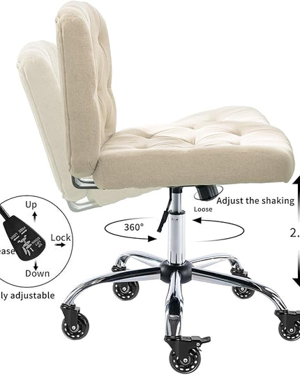 Criss Cross Chair with Wheels, Comfy Fabric Cross Legged Office Chair for Adult, Armless Wide Seat Desk Chair with Lumbar Pillow,Swivel Vanity Chair for Home Office, Conference (Beige) - LeafyLoom