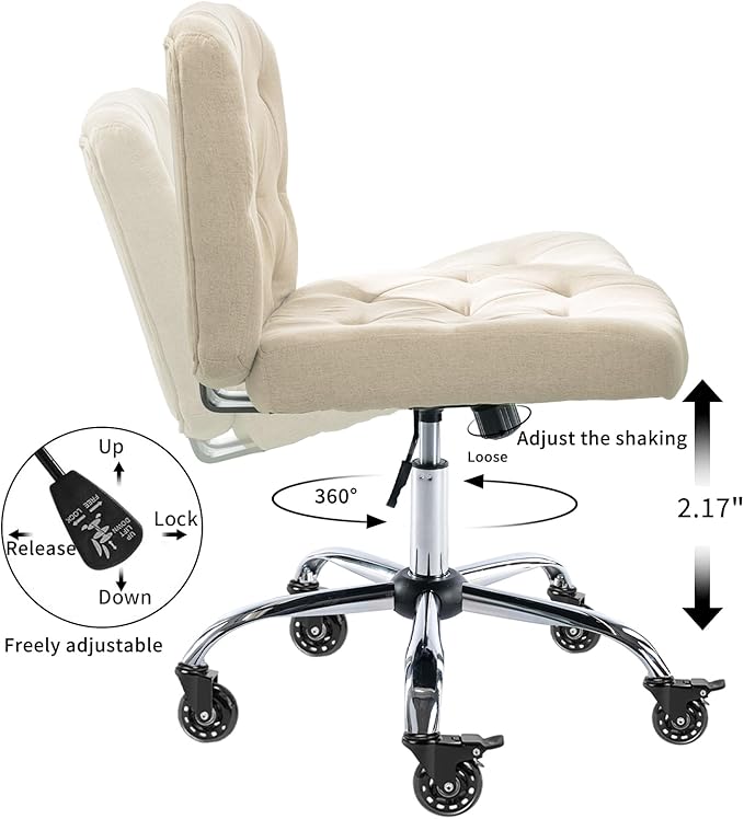 Criss Cross Chair with Wheels, Comfy Fabric Cross Legged Office Chair for Adult, Armless Wide Seat Desk Chair with Lumbar Pillow,Swivel Vanity Chair for Home Office, Conference (Beige) - LeafyLoom