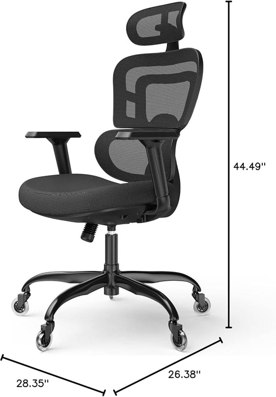 Ergonomic Office Chair - Mesh Office Chair High Back, Rolling Desk Chair, Executive Swivel Chair, Computer Chair with 3D Adjustable Armrest, 3D Lumbar Support, Blade Wheels, Adjustable Headrest - LeafyLoom