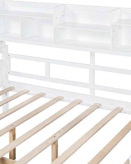 Merax Full Wood Daybed with Bedside Shelves and Two Drawers Sofa Bed Frame for kids Boys Girls/No Box Spring Needed White - LeafyLoom