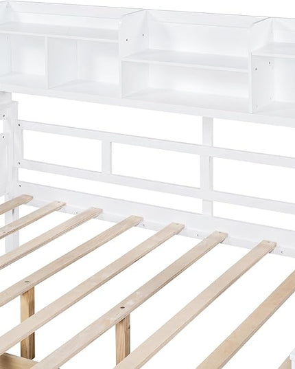 Full Size Daybed with Bedside Shelf and Two Drawers,Multifunctional Storage Solid Wood Bed,W/Wooden Slat Support,No Box Spring Needed,for Bedroom,Living Room,Apartment,White - LeafyLoom