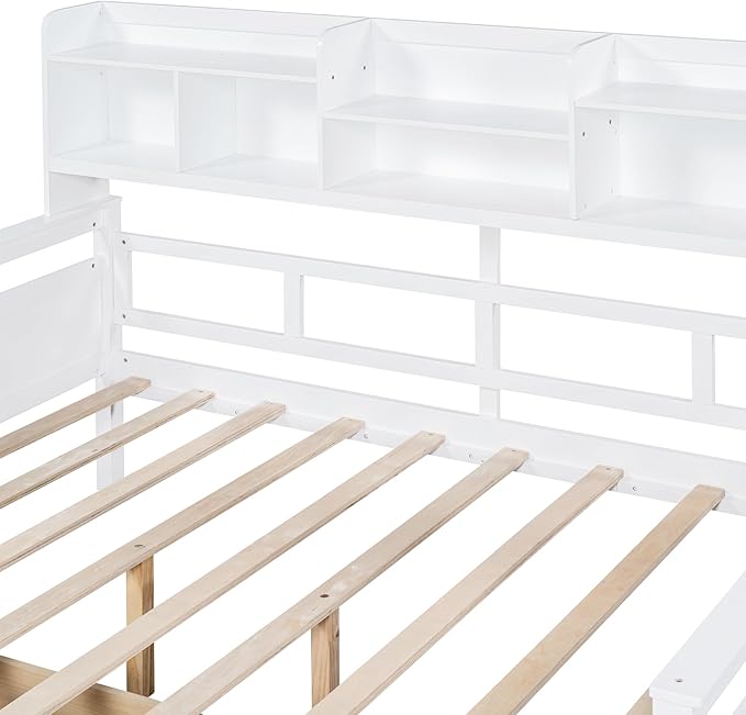 Full Size Daybed with Bedside Shelf and Two Drawers,Multifunctional Storage Solid Wood Bed,W/Wooden Slat Support,No Box Spring Needed,for Bedroom,Living Room,Apartment,White - LeafyLoom