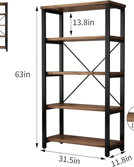 5 Tier Industrial Solid Wood Bookshelf, Open Etagere Bookcase with Metal Frame, Vintage Industrial Style Bookcase/Metal and Wood Bookshelf Furniture (AY01-5tier) - LeafyLoom