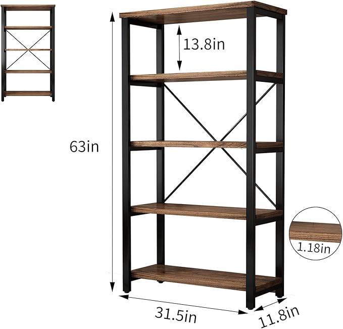 5 Tier Industrial Solid Wood Bookshelf, Open Etagere Bookcase with Metal Frame, Vintage Industrial Style Bookcase/Metal and Wood Bookshelf Furniture (AY01-5tier) - LeafyLoom