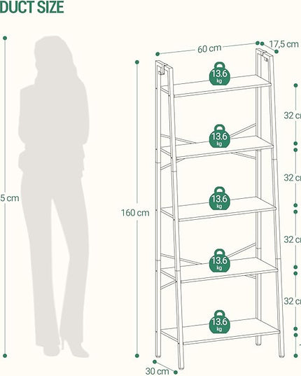 Ladder Shelf, Bookshelf Bookcase, Freestanding Corner Storage Shelve with 2 Hooks for Home Office, Living Room, Kitchen, Bedroom, Industrial, 5-Tier Black BC19304B - LeafyLoom