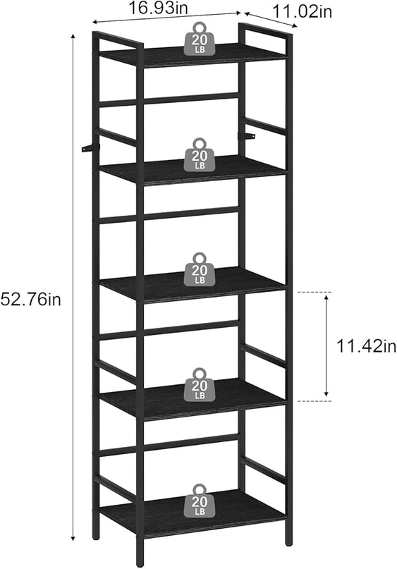 DOMYDEVM Black Tall Bookshelf Storage Organizer, 5 Tier Industrial Freestanding Bookshelf, Large Storage Tired Shelves, Metal Bookshelf 52.76in(H) for Small Space, Home Office, Living Room, Bedroom - LeafyLoom
