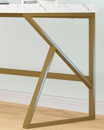 HSH White Faux Marble and Gold Desk, Modern Home Office Executive PC Laptop Computer Desk, Farmhouse Writing Study Work Gaming Table for Bedroom Living Room, Simple Metal Wood Workstation, 55 Inch - LeafyLoom